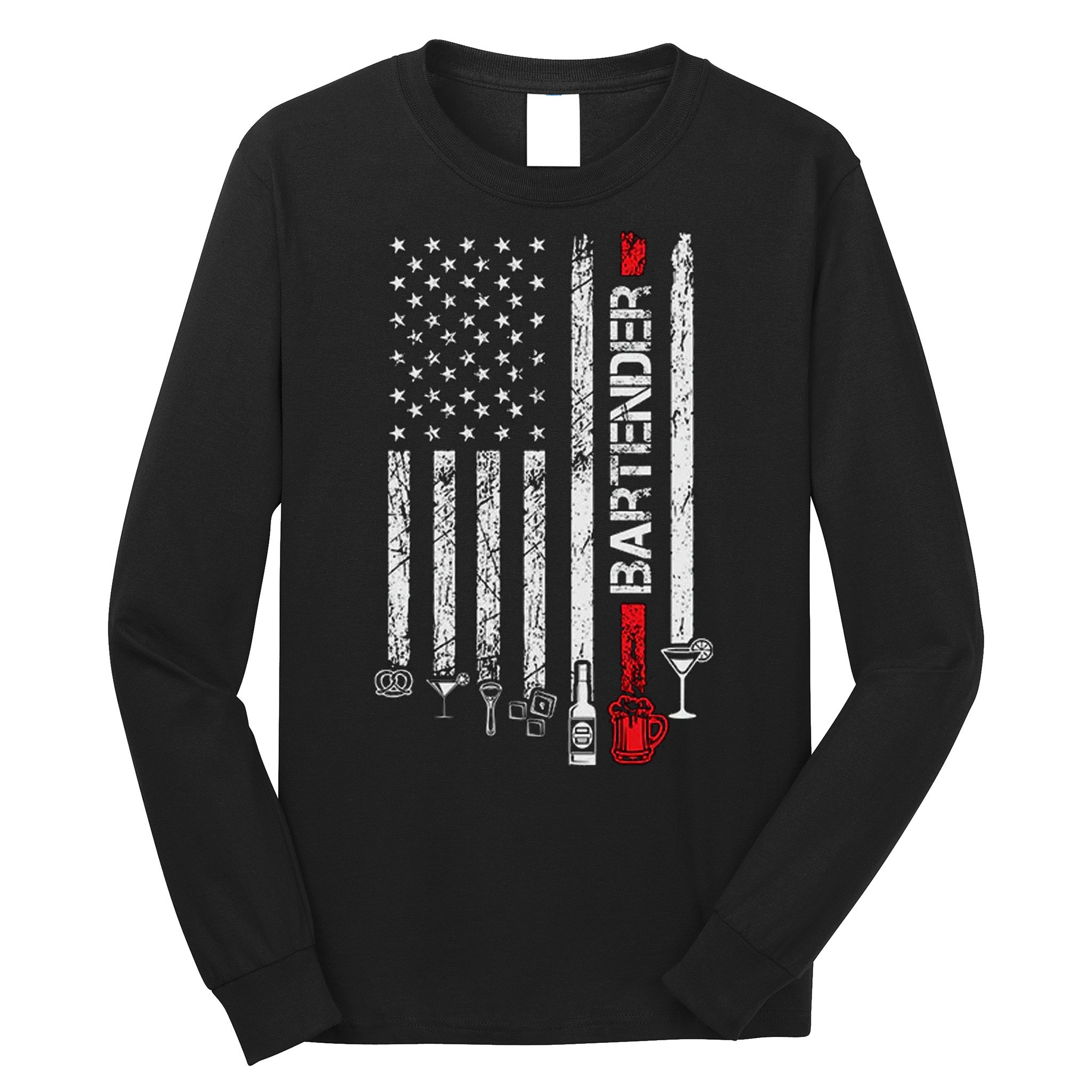 American Flag With Bartender Cool Gift For Women Men Father Long Sleeve Shirt