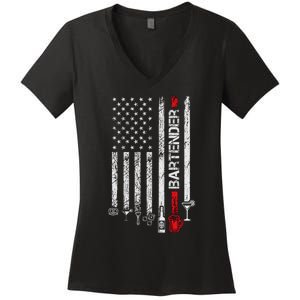 American Flag With Bartender Cool Gift For Women Men Father Women's V-Neck T-Shirt