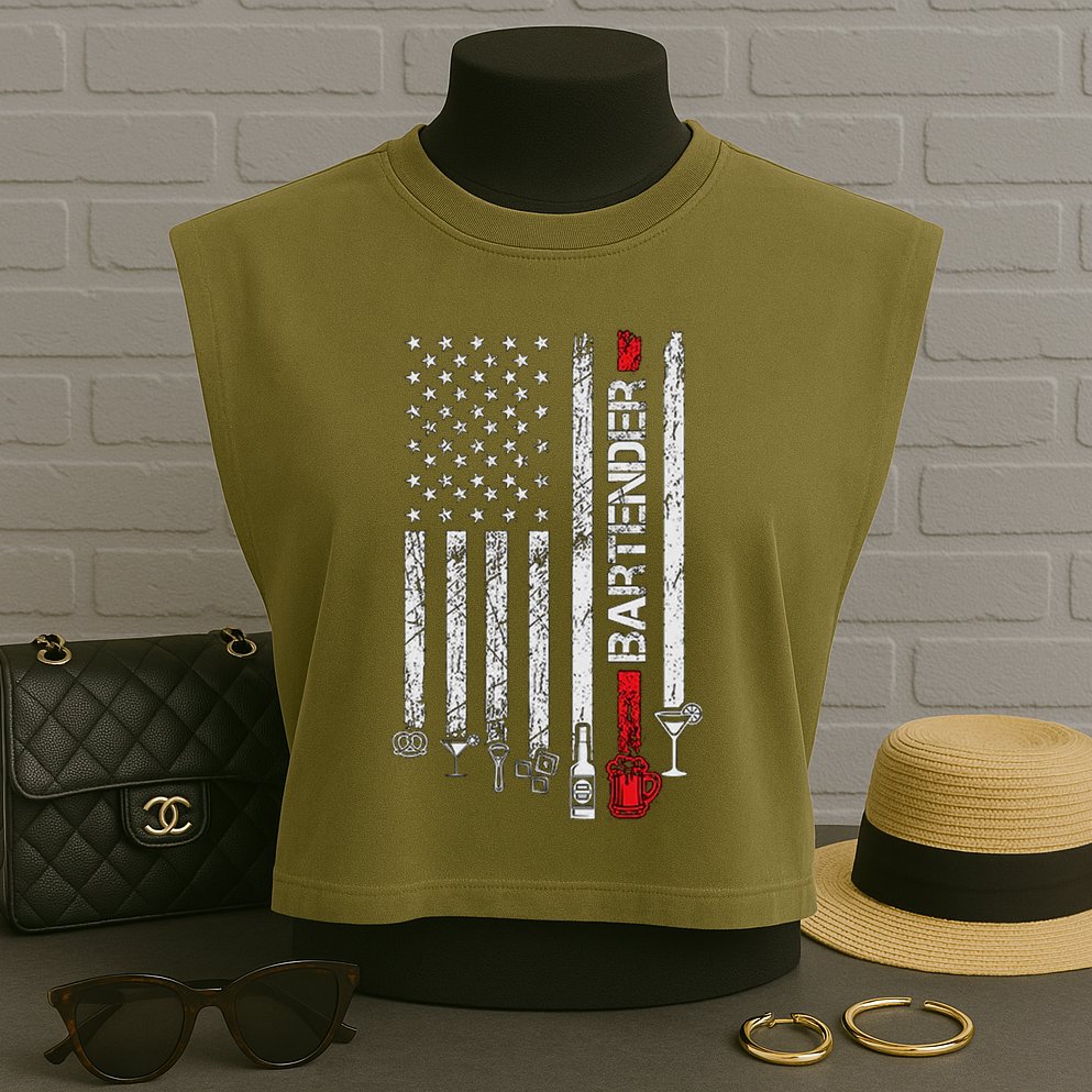 American Flag With Bartender Cool Gift For Women Men Father Garment-Dyed Women's Muscle Tee