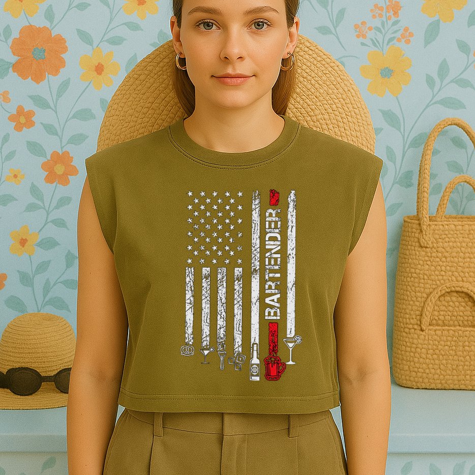 American Flag With Bartender Cool Gift For Women Men Father Garment-Dyed Women's Muscle Tee