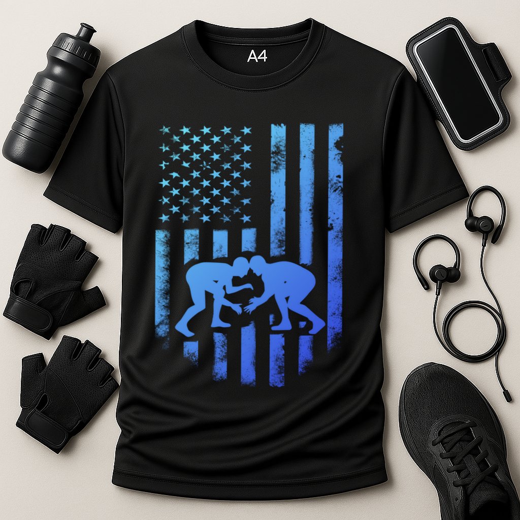 American Flag Wrestling Gift Distressed Wrestle Gift Cooling Performance Crew T-Shirt