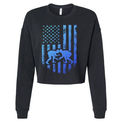 American Flag Wrestling Gift Distressed Wrestle Gift Cropped Pullover Crew