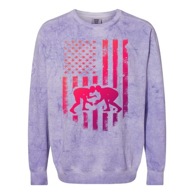 American Flag Wrestling Gift Distressed Wrestle Gift Colorblast Crewneck Sweatshirt