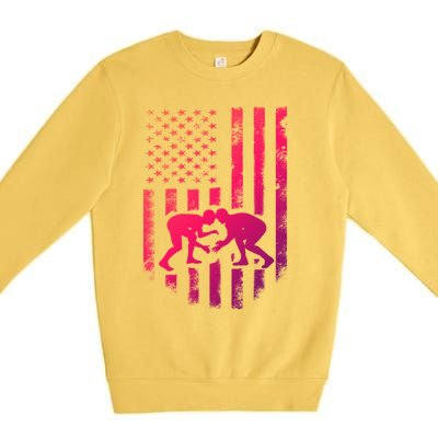 American Flag Wrestling Gift Distressed Wrestle Gift Premium Crewneck Sweatshirt