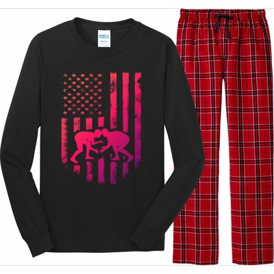 American Flag Wrestling Gift Distressed Wrestle Gift Long Sleeve Pajama Set