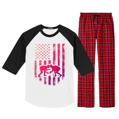 American Flag Wrestling Gift Distressed Wrestle Gift Raglan Sleeve Pajama Set