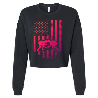American Flag Wrestling Gift Distressed Wrestle Gift Cropped Pullover Crew