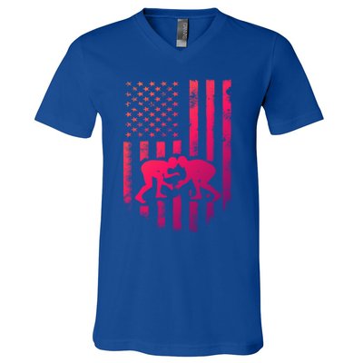 American Flag Wrestling Gift Distressed Wrestle Gift V-Neck T-Shirt