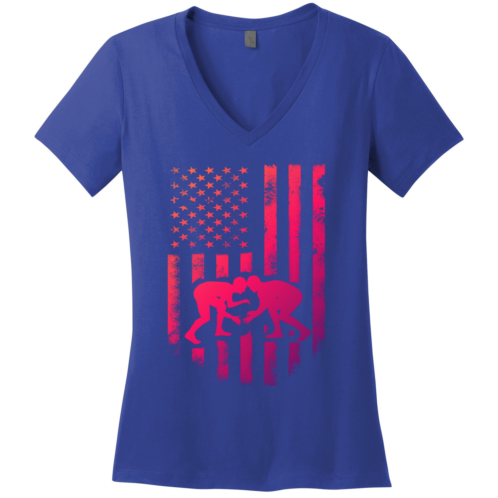 American Flag Wrestling Gift Distressed Wrestle Gift Women's V-Neck T-Shirt