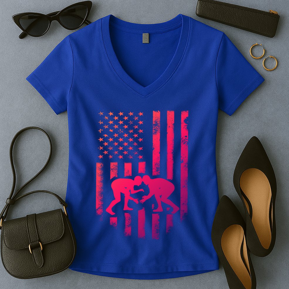 American Flag Wrestling Gift Distressed Wrestle Gift Women's V-Neck T-Shirt