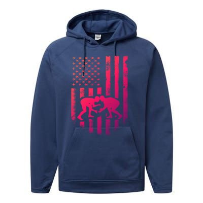 American Flag Wrestling Gift Distressed Wrestle Gift Performance Fleece Hoodie