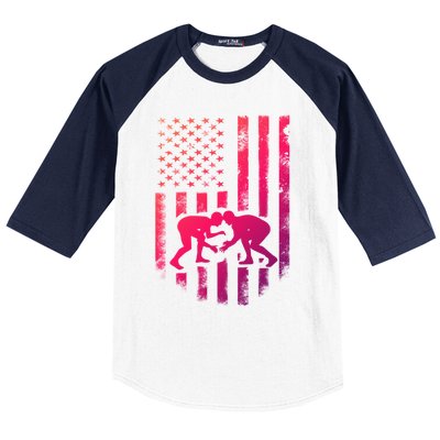 American Flag Wrestling Gift Distressed Wrestle Gift Baseball Sleeve Shirt