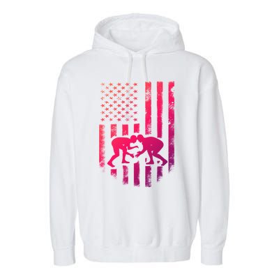 American Flag Wrestling Gift Distressed Wrestle Gift Garment-Dyed Fleece Hoodie