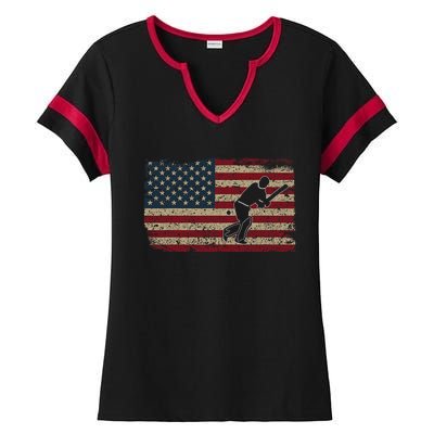 American Flag With Cricket Bat And Balls Funny Gift Ladies Halftime Notch Neck Tee