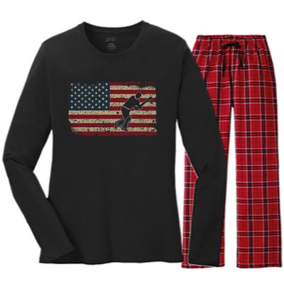 American Flag With Cricket Bat And Balls Funny Gift Women's Long Sleeve Flannel Pajama Set 