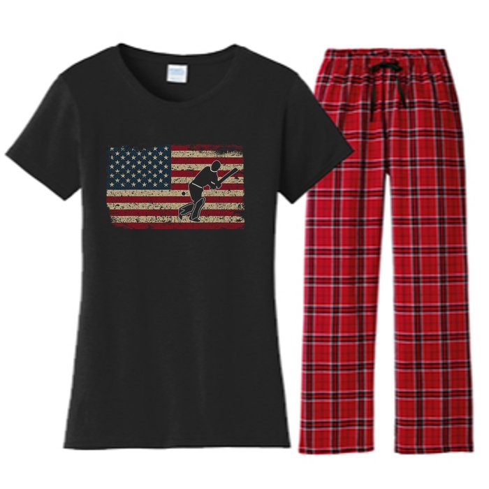 American Flag With Cricket Bat And Balls Funny Gift Women's Flannel Pajama Set