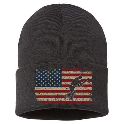 American Flag With Cricket Bat And Balls Funny Gift Sustainable Knit Beanie