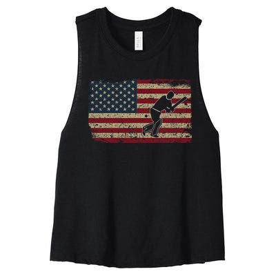 American Flag With Cricket Bat And Balls Funny Gift Women's Racerback Cropped Tank