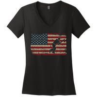 American Flag With Cricket Bat And Balls Funny Gift Women's V-Neck T-Shirt