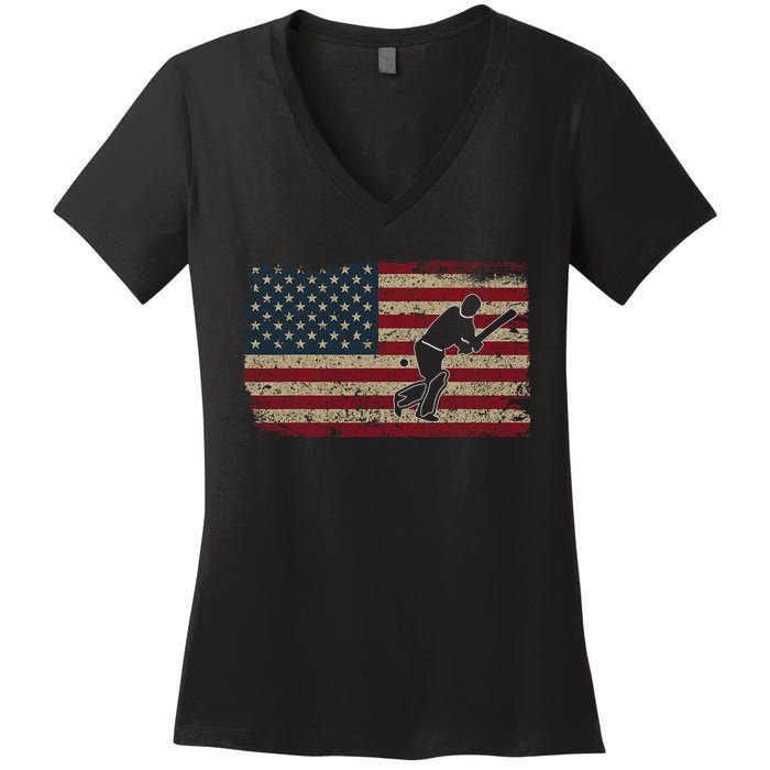 American Flag With Cricket Bat And Balls Funny Gift Women's V-Neck T-Shirt