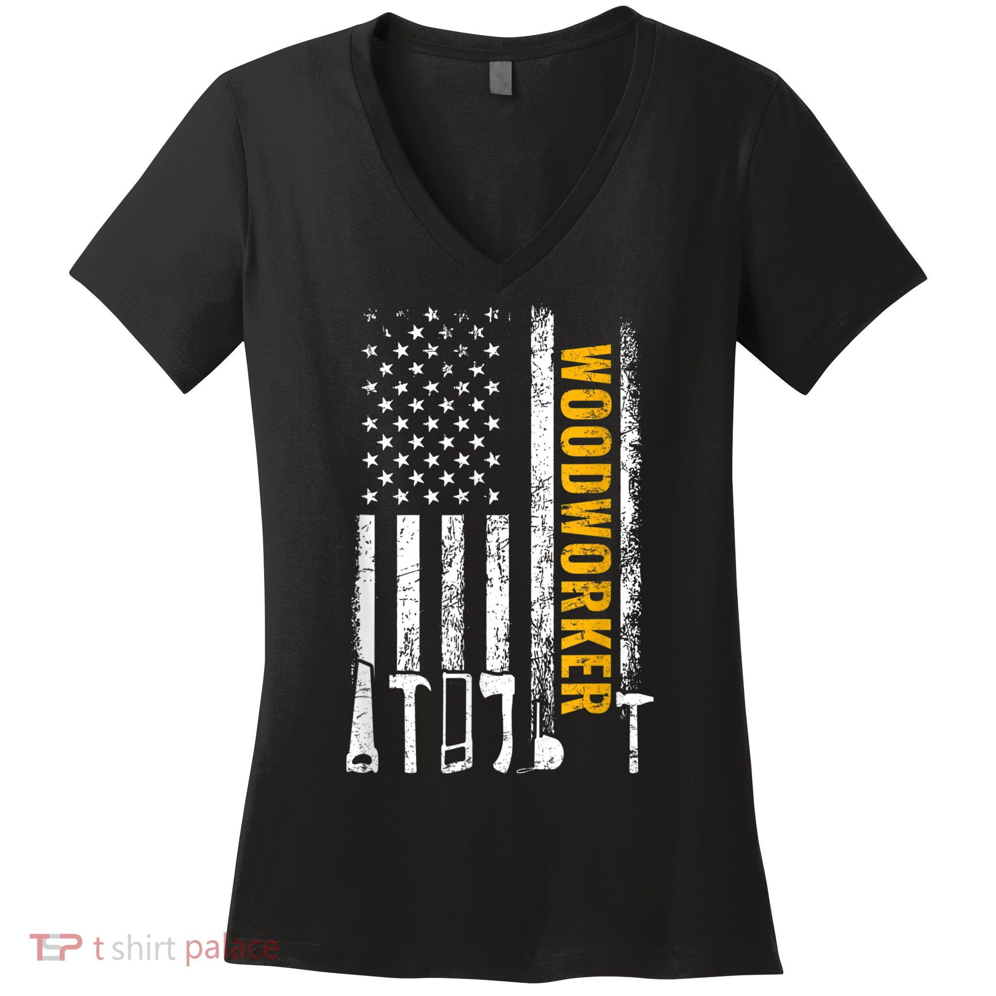 American Flag Woodworker Carpenter Funny Woodworking Women's V-Neck T-Shirt