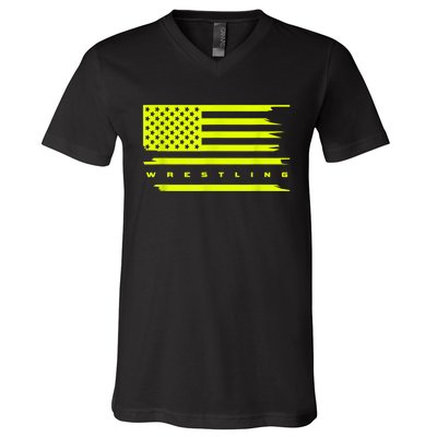 American Flag Wrestling Apparel Wrestling V-Neck T-Shirt