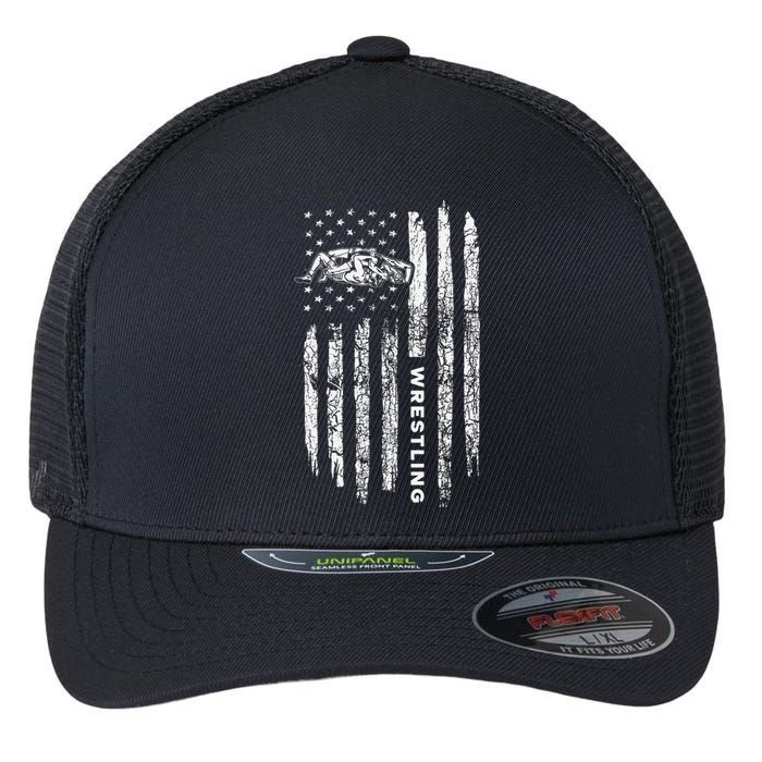 American Flag Wrestling Apparel  Vintage Wrestler Wrestling  Flexfit Unipanel Trucker Cap