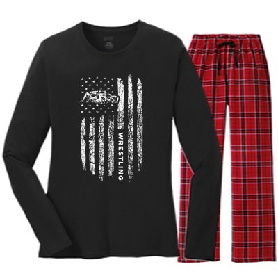 American Flag Wrestling Apparel  Vintage Wrestler Wrestling  Women's Long Sleeve Flannel Pajama Set 