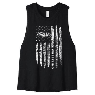 American Flag Wrestling Apparel  Vintage Wrestler Wrestling  Women's Racerback Cropped Tank