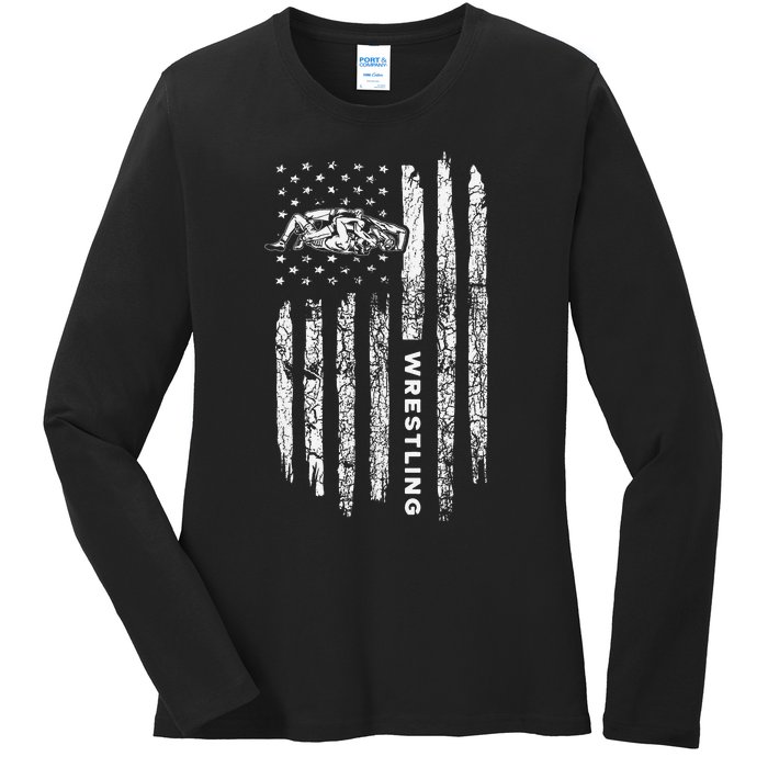 American Flag Wrestling Apparel  Vintage Wrestler Wrestling  Ladies Long Sleeve Shirt