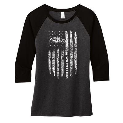 American Flag Wrestling Apparel  Vintage Wrestler Wrestling  Women's Tri-Blend 3/4-Sleeve Raglan Shirt