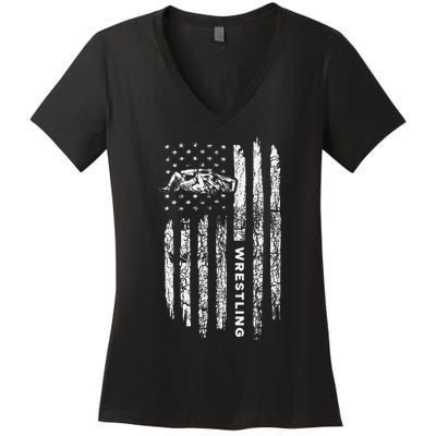 American Flag Wrestling Apparel  Vintage Wrestler Wrestling  Women's V-Neck T-Shirt