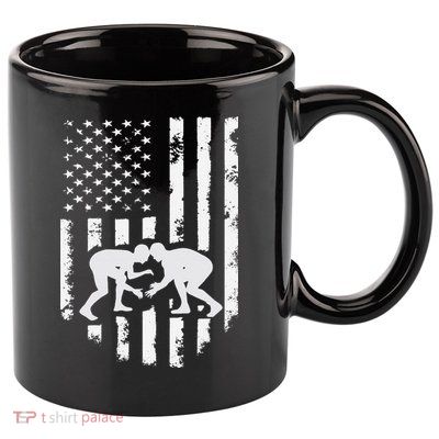 American Flag Wrestling Hoodie Distressed Wrestle Gift Tee 11oz C Handle Ceramic Mug