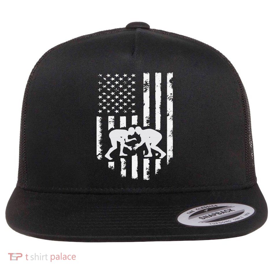 American Flag Wrestling Hoodie Distressed Wrestle Gift Tee Flatbill Hat