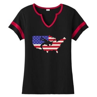 American Flag Wrestling Wrestler Wrestling Fan  Ladies Halftime Notch Neck Tee