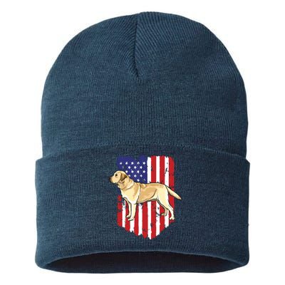 American Flag Yellow Labrador Retriever 4th Of July USA Sustainable Knit Beanie