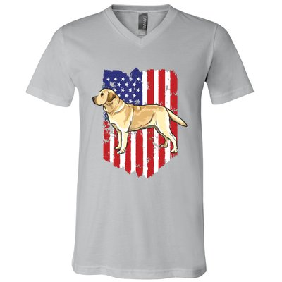 American Flag Yellow Labrador Retriever 4th Of July USA V-Neck T-Shirt