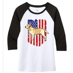 American Flag Yellow Labrador Retriever 4th Of July USA Women's Tri-Blend 3/4-Sleeve Raglan Shirt