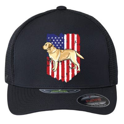 American Flag Yellow Labrador Retriever 4th Of July USA Flexfit Unipanel Trucker Cap