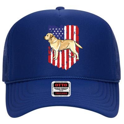 American Flag Yellow Labrador Retriever 4th Of July USA High Crown Mesh Back Trucker Hat