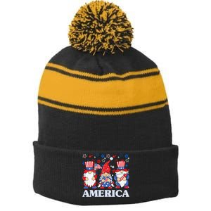 America Gnome 4th Of July Celebration Stripe Pom Pom Beanie