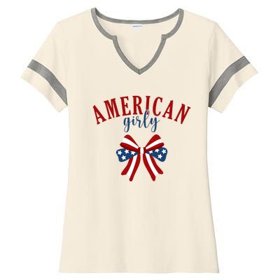 American Girly 4th Of July Usa Bow Ladies Halftime Notch Neck Tee