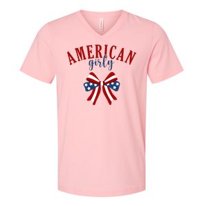 American Girly 4th Of July Usa Bow V-Neck T-Shirt