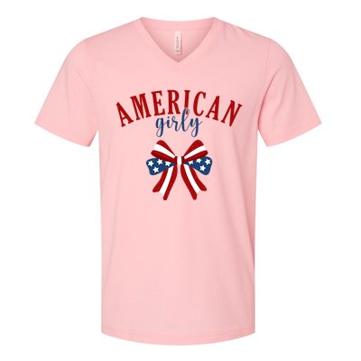 American Girly 4th Of July Usa Bow V-Neck T-Shirt