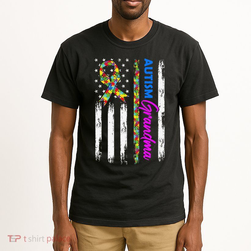Autism Grandma American Flag Puzzle Ribbon Support Tall T-Shirt
