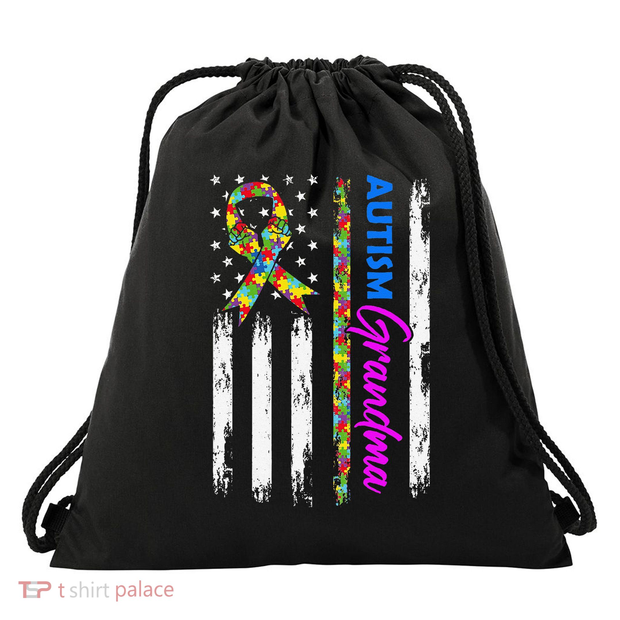 Autism Grandma American Flag Puzzle Ribbon Support Drawstring Bag