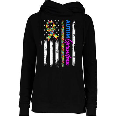 Autism Grandma American Flag Puzzle Ribbon Support Womens Funnel Neck Pullover Hood