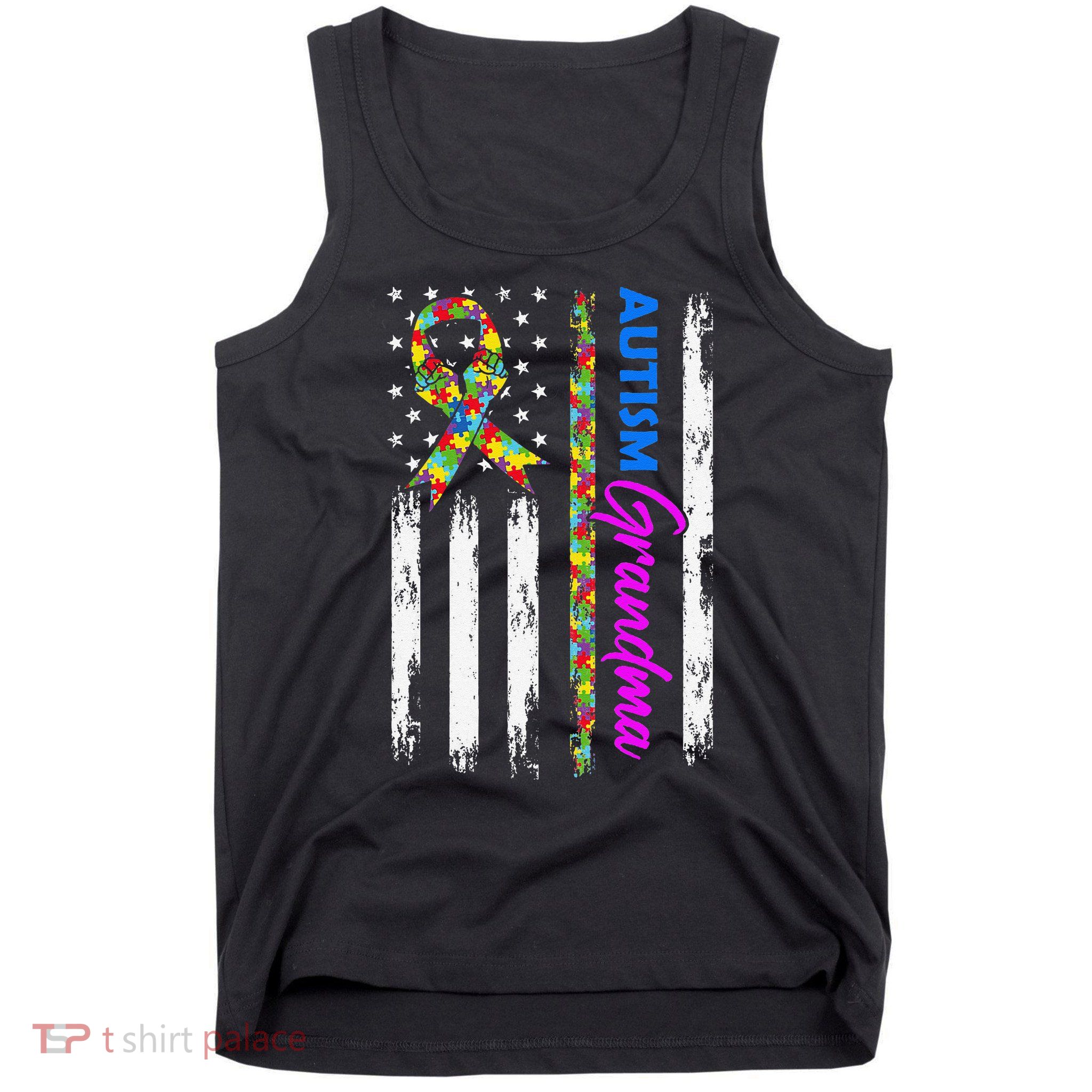 Autism Grandma American Flag Puzzle Ribbon Support Tank Top