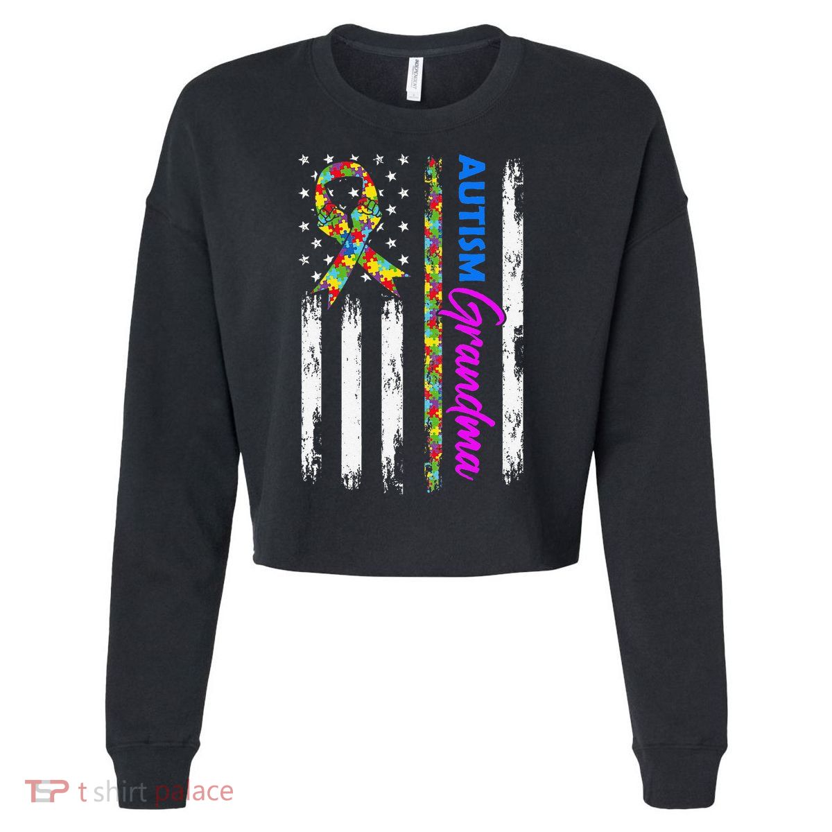 Autism Grandma American Flag Puzzle Ribbon Support Cropped Pullover Crew