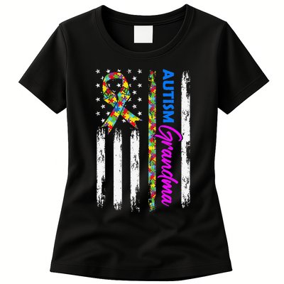 Autism Grandma American Flag Puzzle Ribbon Support Womens T-Shirt